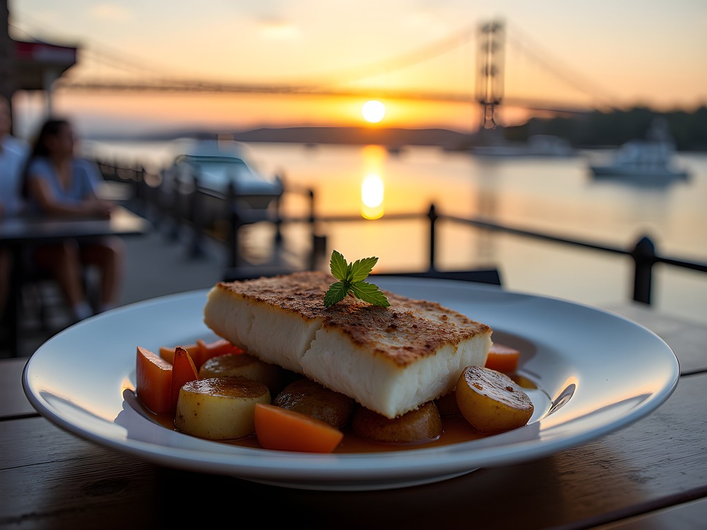 Seafood dinner with sunset view of Taunton River and Braga Bridge in Fall River