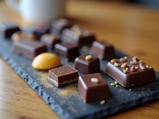 Artisan chocolate tasting board with various chocolate varieties and pairing elements