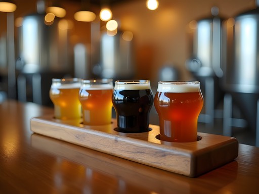 Wooden flight board with craft beer samples at a Fayetteville brewery with rustic interior