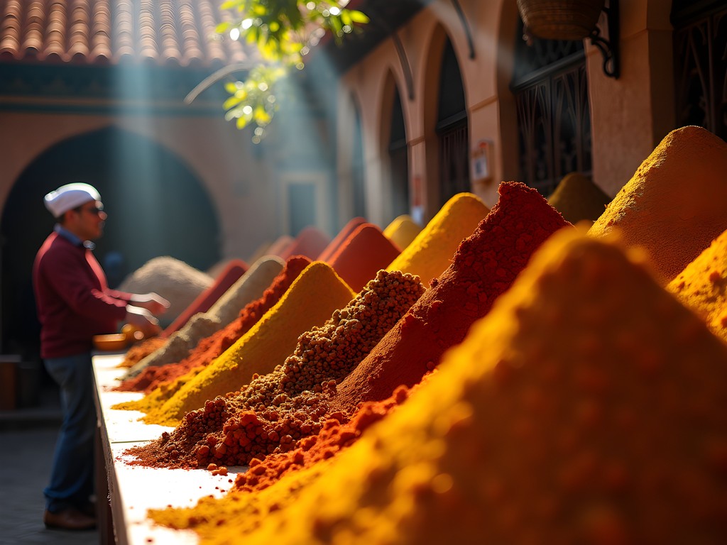 Colorful pyramids of spices in Fez medina market with traditional vendor