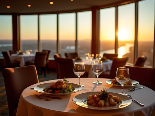 Panoramic sunset view of the Tennessee River from 360 Grille restaurant in Florence, Alabama