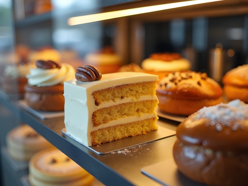 Display case of traditional Southern desserts including hummingbird cake at Sugarbakers bakery in Florence, Alabama