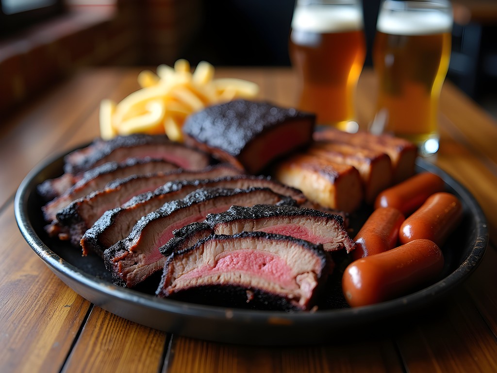 Massive BBQ platter with brisket, ribs and sausage at Fort Worth Stockyards