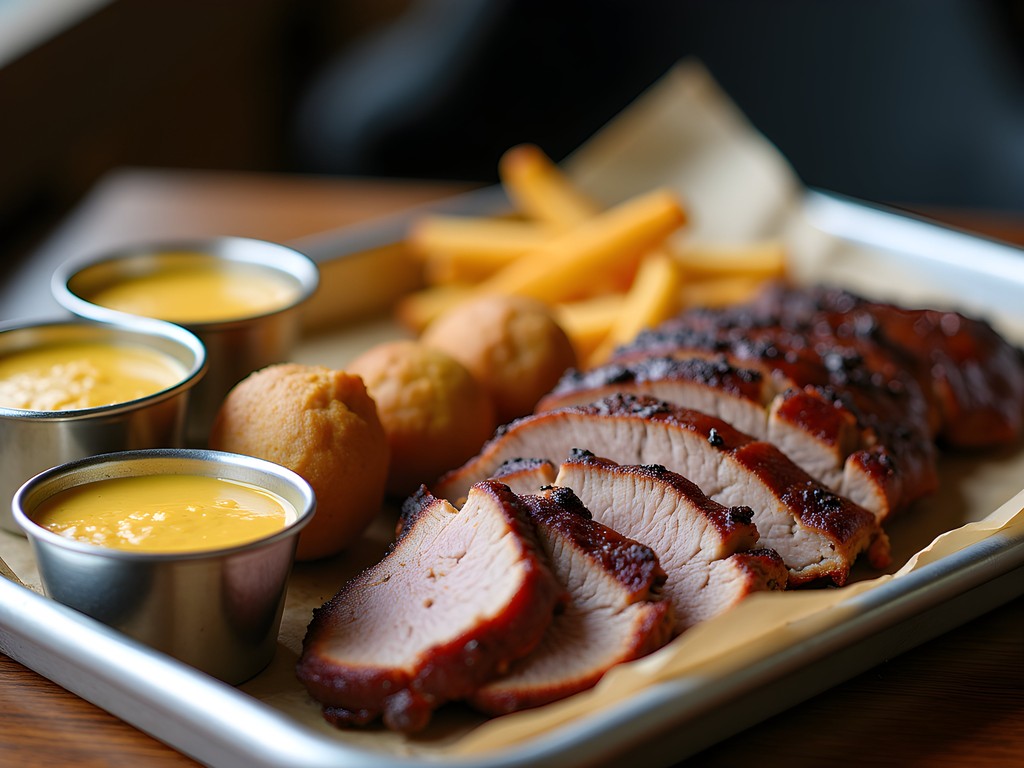 Innovative BBQ platter with pork belly poppers and creative sides at Panther City BBQ
