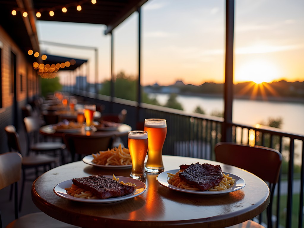 Riverside patio dining at WoodShed Smokehouse in Fort Worth