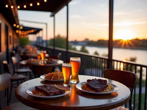 Riverside patio dining at WoodShed Smokehouse in Fort Worth