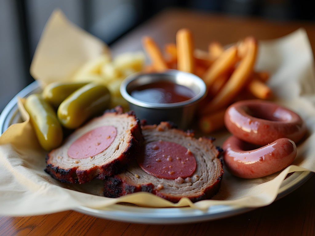 Perfectly smoked brisket platter with pink smoke ring at Goldee's Barbecue in Fort Worth
