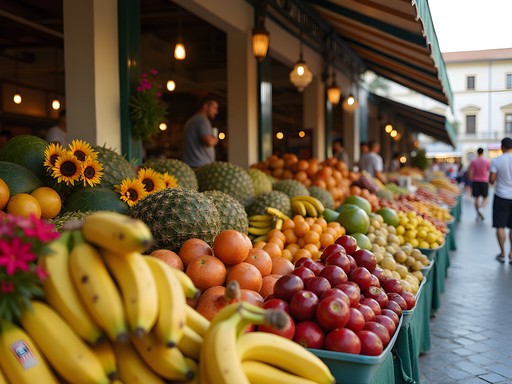 Colorful tropical fruit display at Mercado dos Lavradores market in Funchal, Madeira