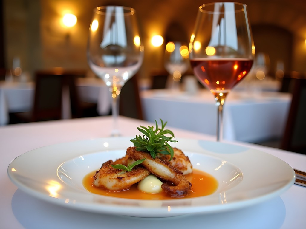 Elegant wine pairing dinner course at Armazém do Sal restaurant in Funchal, Madeira