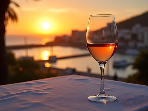 Sunset view of Funchal harbor with glass of Madeira wine in foreground