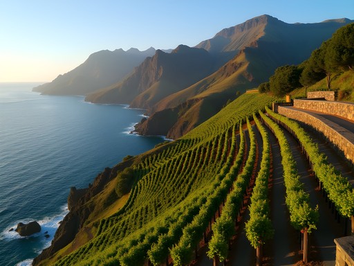 Dramatic terraced vineyards overlooking the Atlantic Ocean in northern Madeira