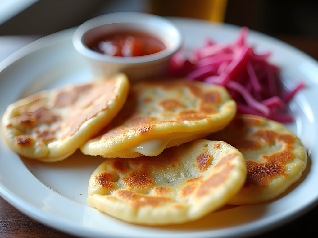 Traditional Salvadoran pupusas with melted cheese served with red curtido slaw at Gaithersburg restaurant