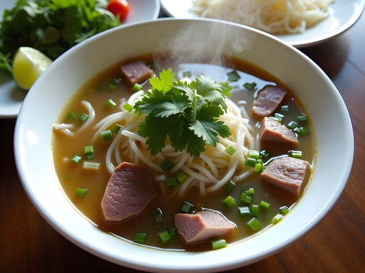 Steaming bowl of Vietnamese pho with rice noodles, rare beef, and fresh herb plate at Gaithersburg restaurant