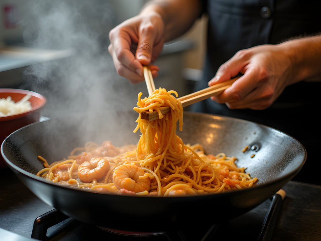 Close-up of master chef preparing Char Koay Teow in George Town