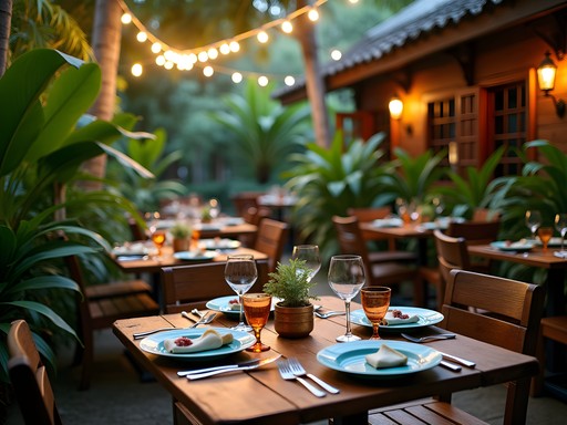 Romantic garden dining setting at Backyard Café in Georgetown, Guyana