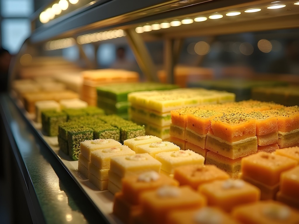 Colorful display of traditional Arabic sweets including baklava and knafeh in Hawalli Kuwait bakery