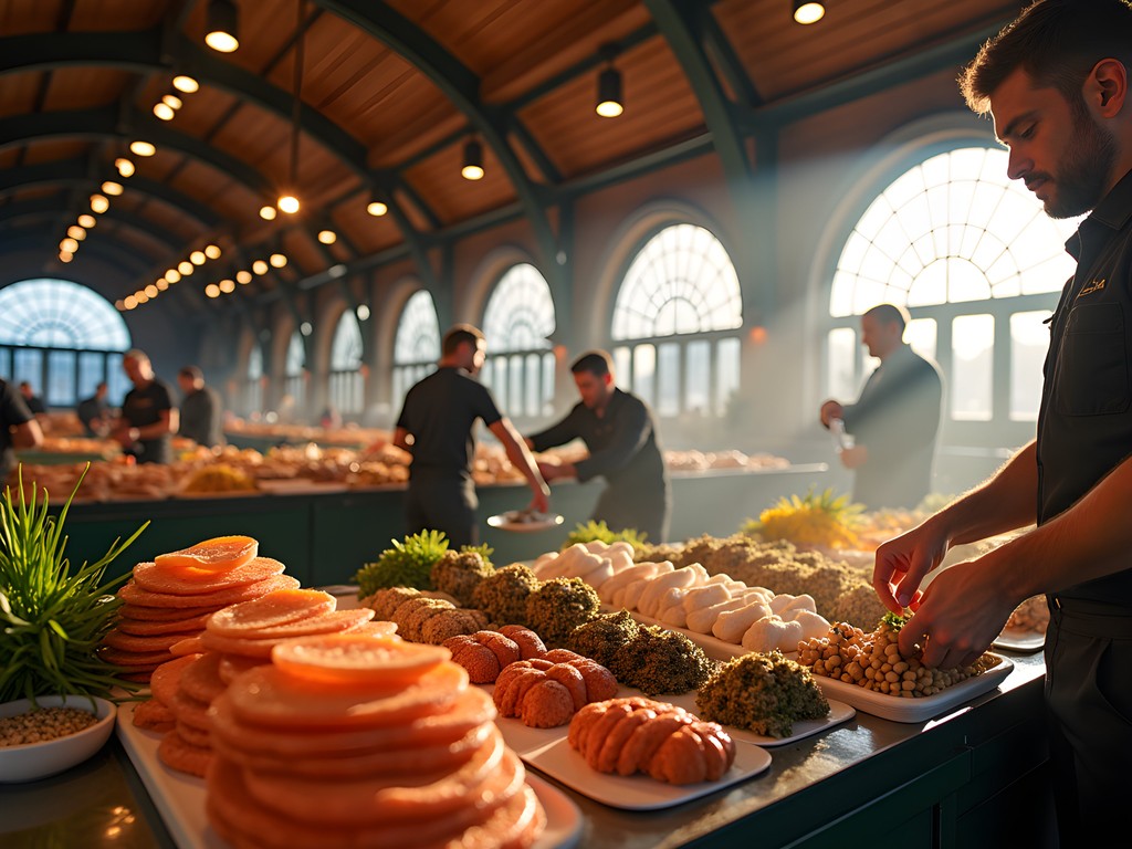 Morning light streaming through Helsinki Old Market Hall with vendors arranging fresh seafood displays