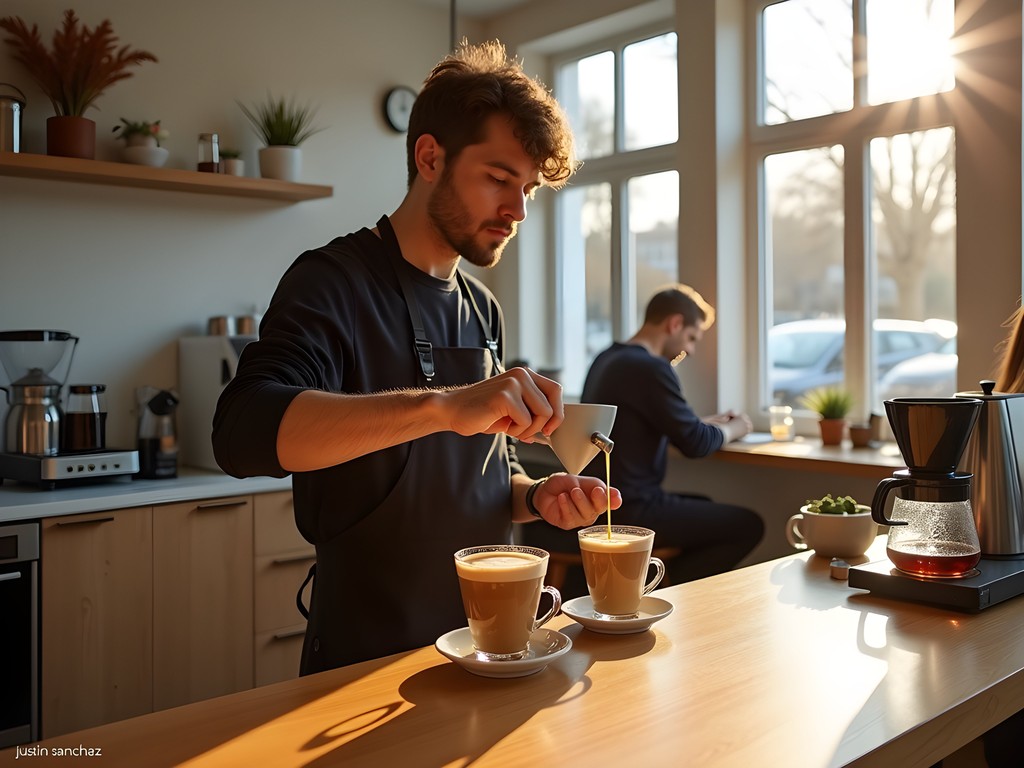 Barista preparing pour-over coffee in a minimalist Helsinki cafe with natural light