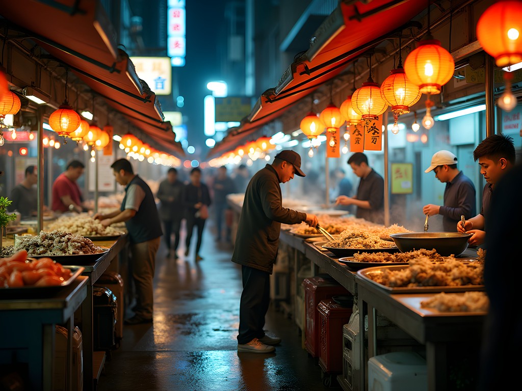 Vibrant seafood stalls at Temple Street Night Market with fresh catches and chefs cooking outdoors