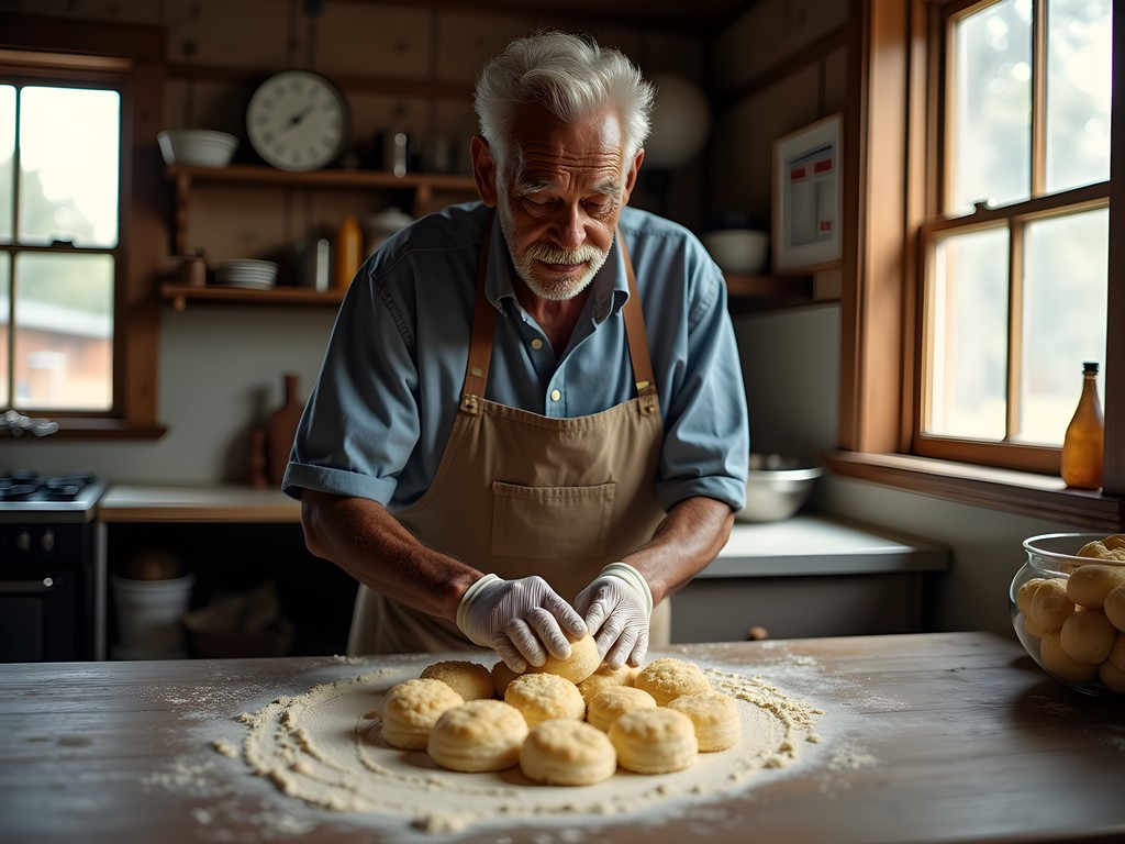 Elderly baker making traditional Southern biscuits by hand in Horn Lake, Mississippi