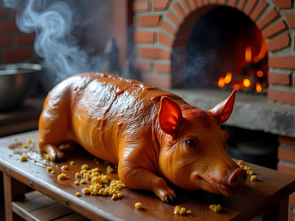 Traditional preparation of Lechona Tolimense in clay oven in Ibagué