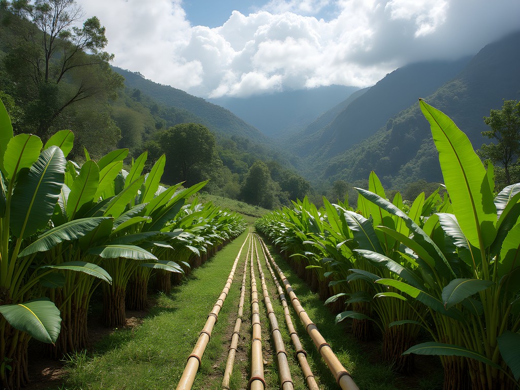 Intercropping system showing coffee plants growing alongside plantains and fruit trees on Tolima hillside