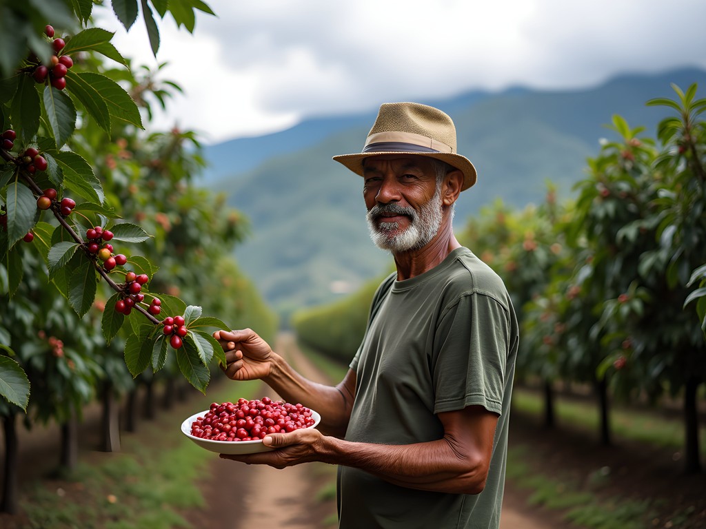 Coffee farmer explaining bean selection process on mountainside farm in Ibagué region