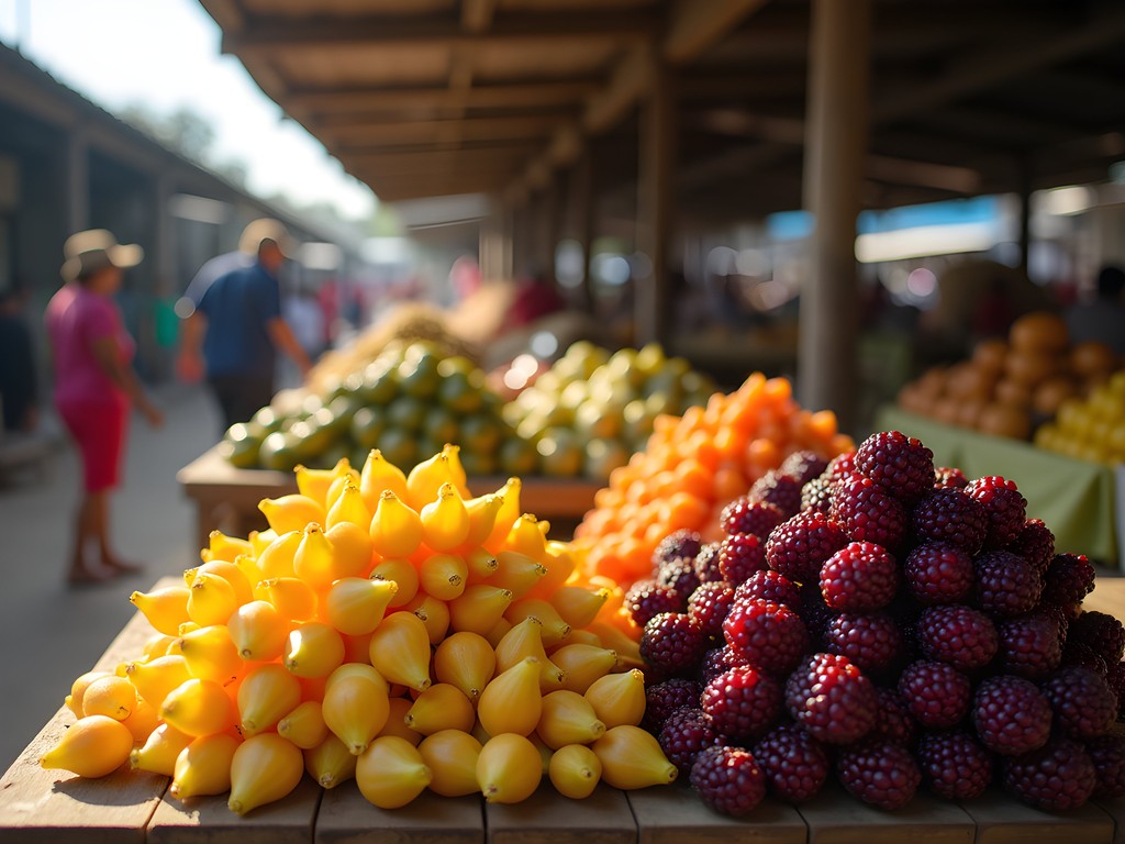 Colorful display of exotic Amazonian fruits at Belén Market in Iquitos