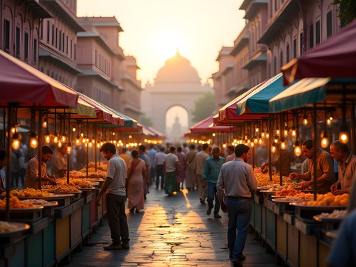 Bustling street food scene at Chaura Rasta in Jaipur with colorful stalls and local crowds