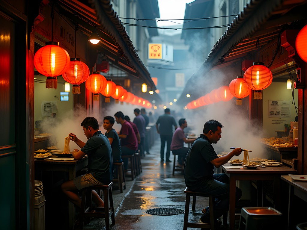 Bustling food stalls in Jakarta's historic Chinatown (Glodok) with Chinese-Indonesian fusion cuisine