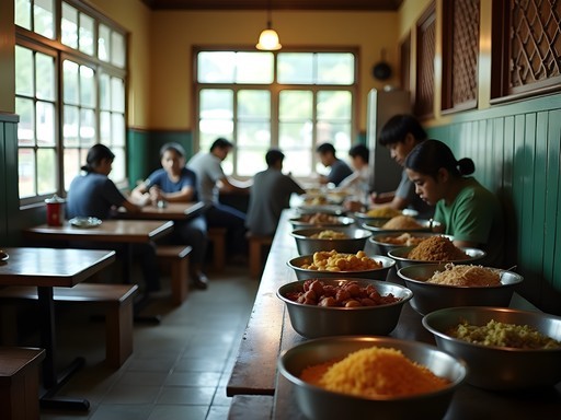 Authentic Jakarta warung interior with local diners enjoying traditional Indonesian food