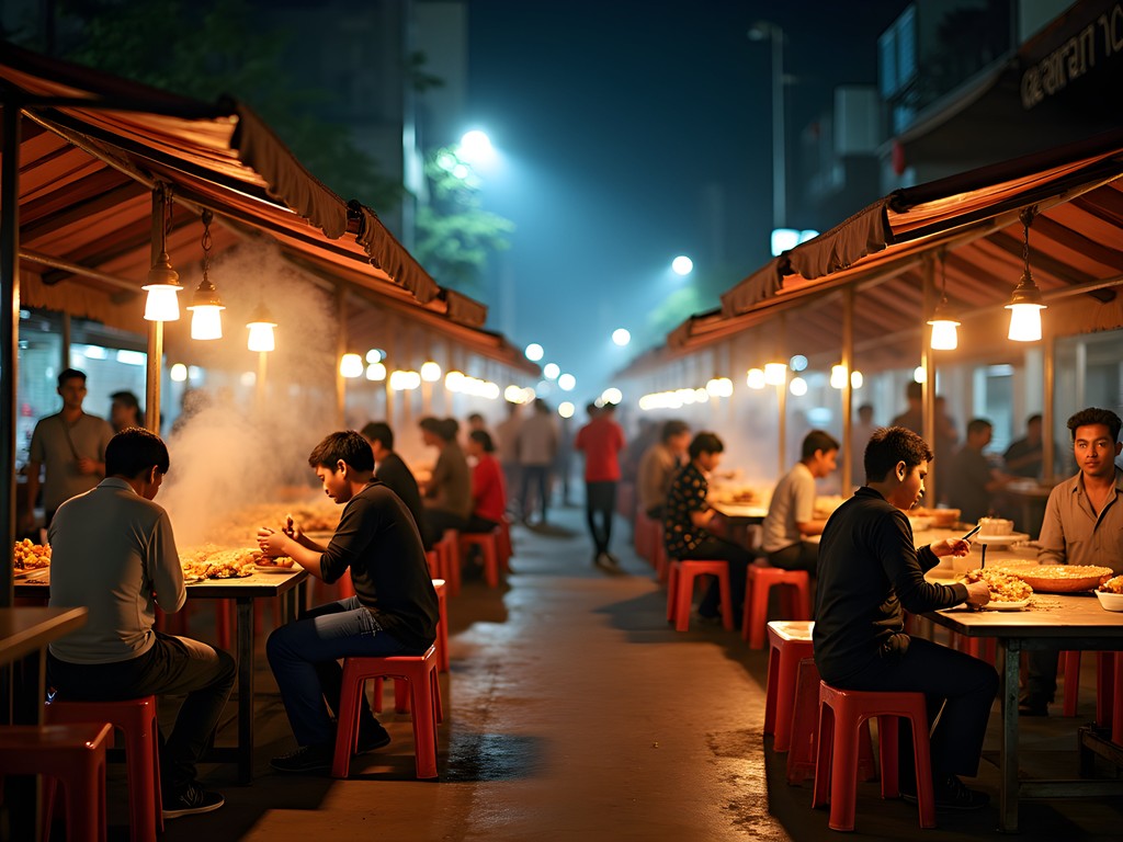 Vibrant Jakarta night market with food stalls and local diners