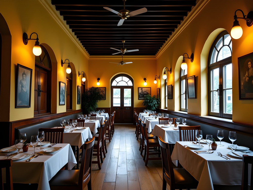 Atmospheric interior of colonial-era restaurant in Jakarta with period furnishings and traditional Indonesian-Dutch fusion cuisine