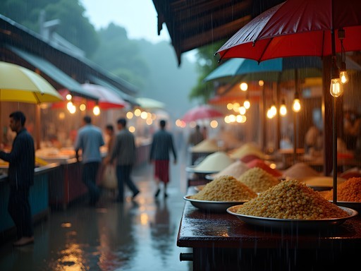 Atmospheric Jakarta market during rainstorm with steam rising from food stalls