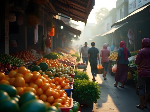 Vibrant morning produce market in Jakarta with colorful tropical fruits and vegetables in early morning light