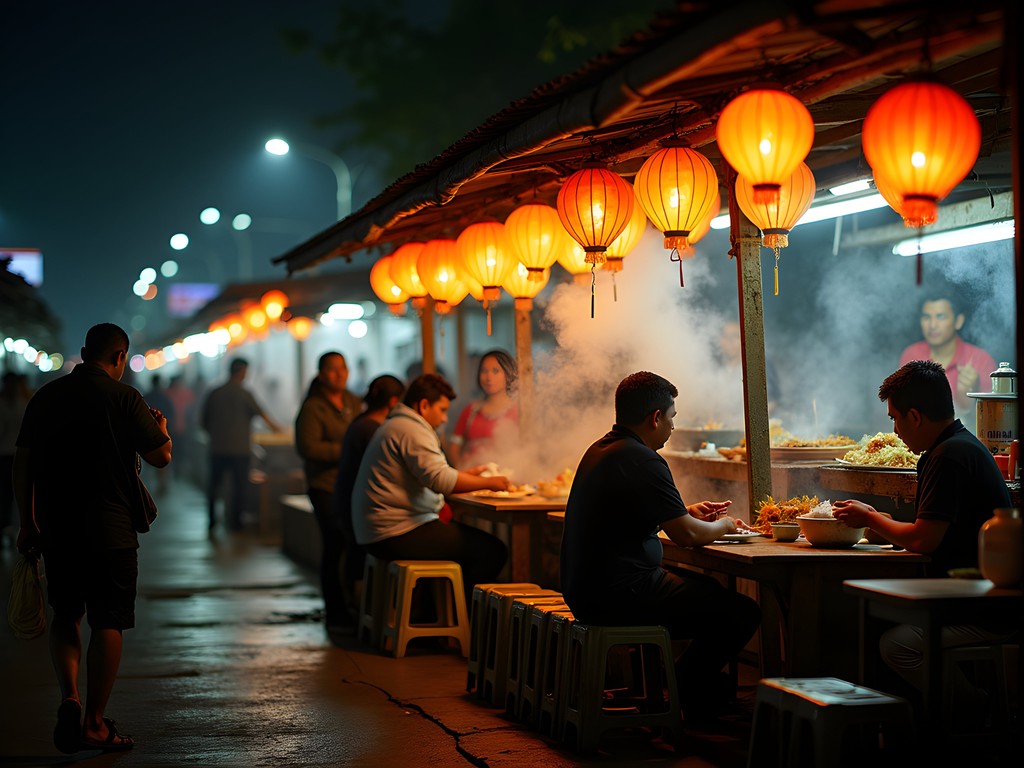 Glowing food stalls in Jakarta night market with steam rising from cooking stations