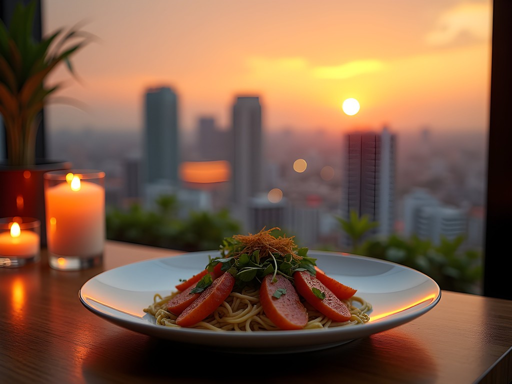 Panoramic view of Jakarta skyline at sunset from rooftop restaurant with elegant plated Indonesian fusion dishes