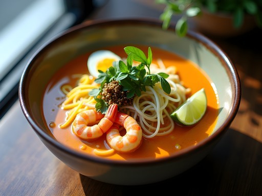 Traditional Chinese-Indonesian laksa soup with rice noodles and prawns