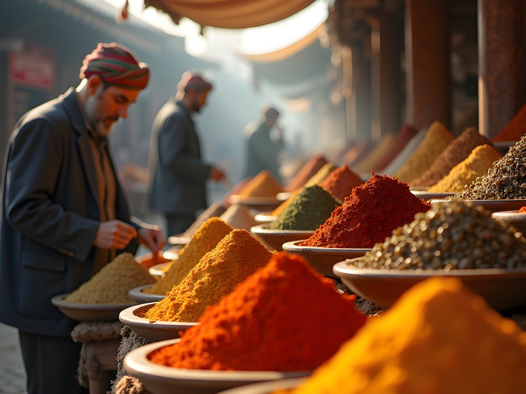 Colorful spices displayed in traditional market stalls at Kandahar central bazaar