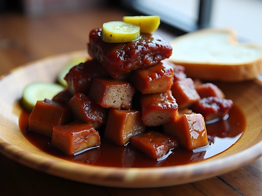 Plate of Kansas City burnt ends with thick BBQ sauce and pickles