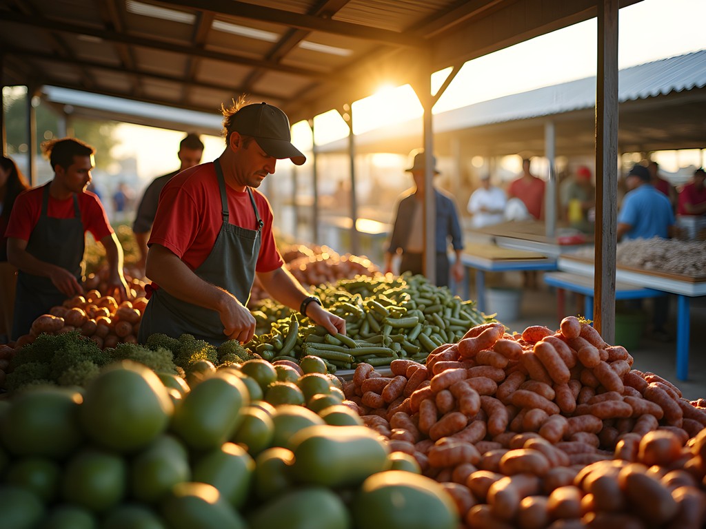 Early morning light streaming through Rivertown Farmers Market in Kenner with fresh Gulf seafood displays