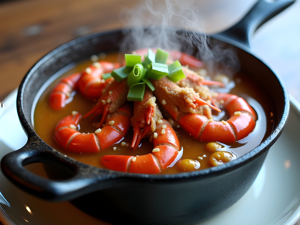 Traditional crawfish étouffée in cast iron pot at Kenner Louisiana restaurant
