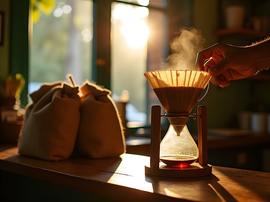 Traditional Jamaican coffee preparation using cloth filter method with Blue Mountain beans in Kingston café
