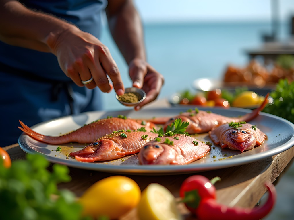 Fresh-caught snapper being prepared escovitch-style at a seaside restaurant in Kingston