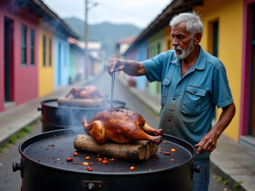 Authentic Jamaican jerk chicken being prepared on traditional pimento wood by local vendor in Kingston
