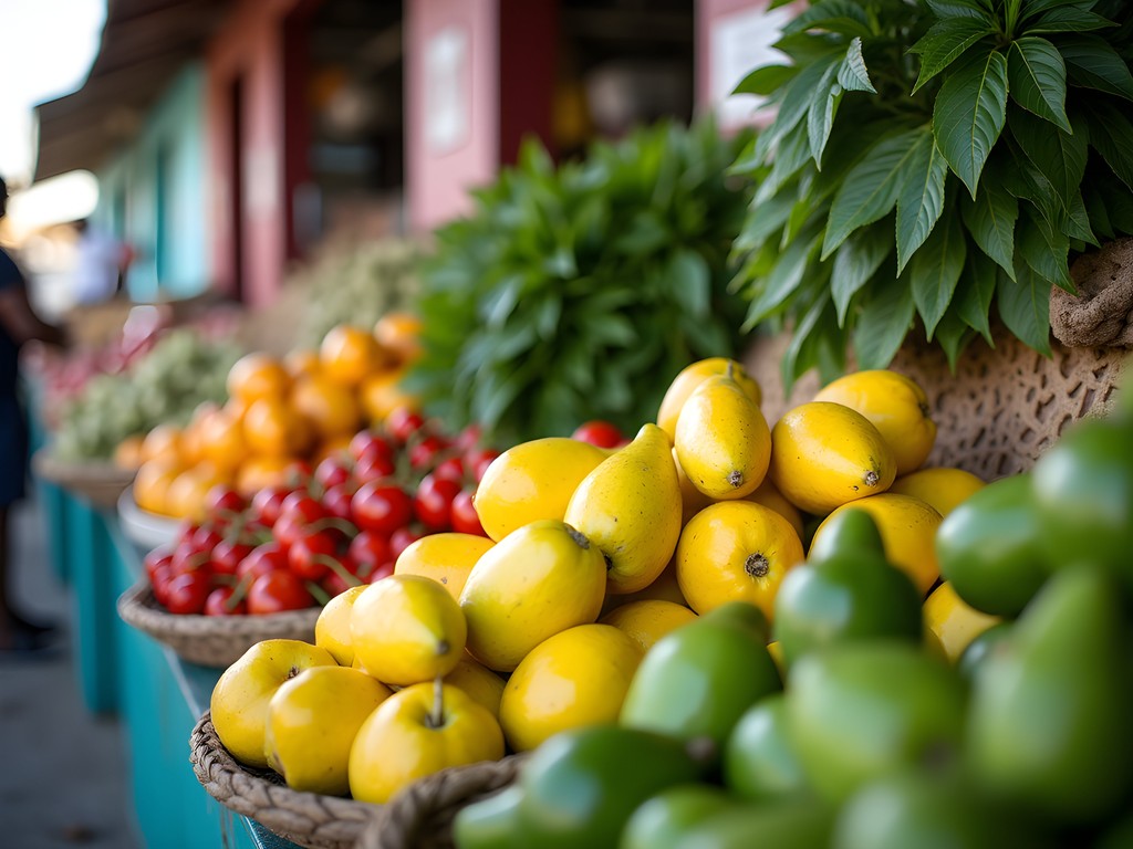 Fresh Jamaican produce including ackee fruit, callaloo, and scotch bonnet peppers at Coronation Market in Kingston