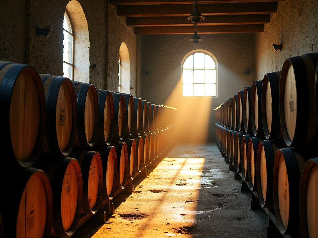 Aging rum barrels in a historic Kingston distillery with golden light filtering through windows