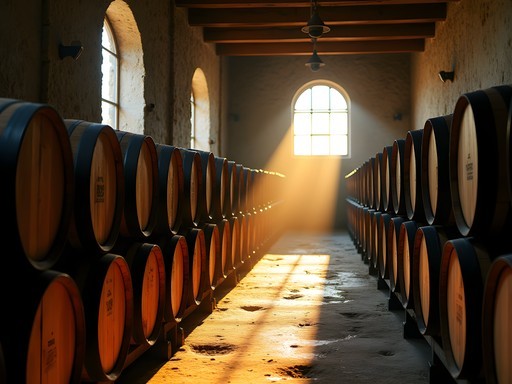 Aging rum barrels in a historic Kingston distillery with golden light filtering through windows