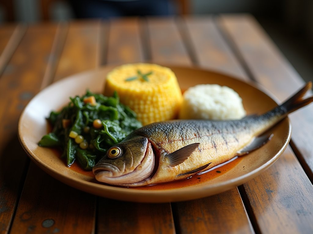 Traditional Kenyan meal of whole grilled tilapia with ugali and sukuma wiki greens