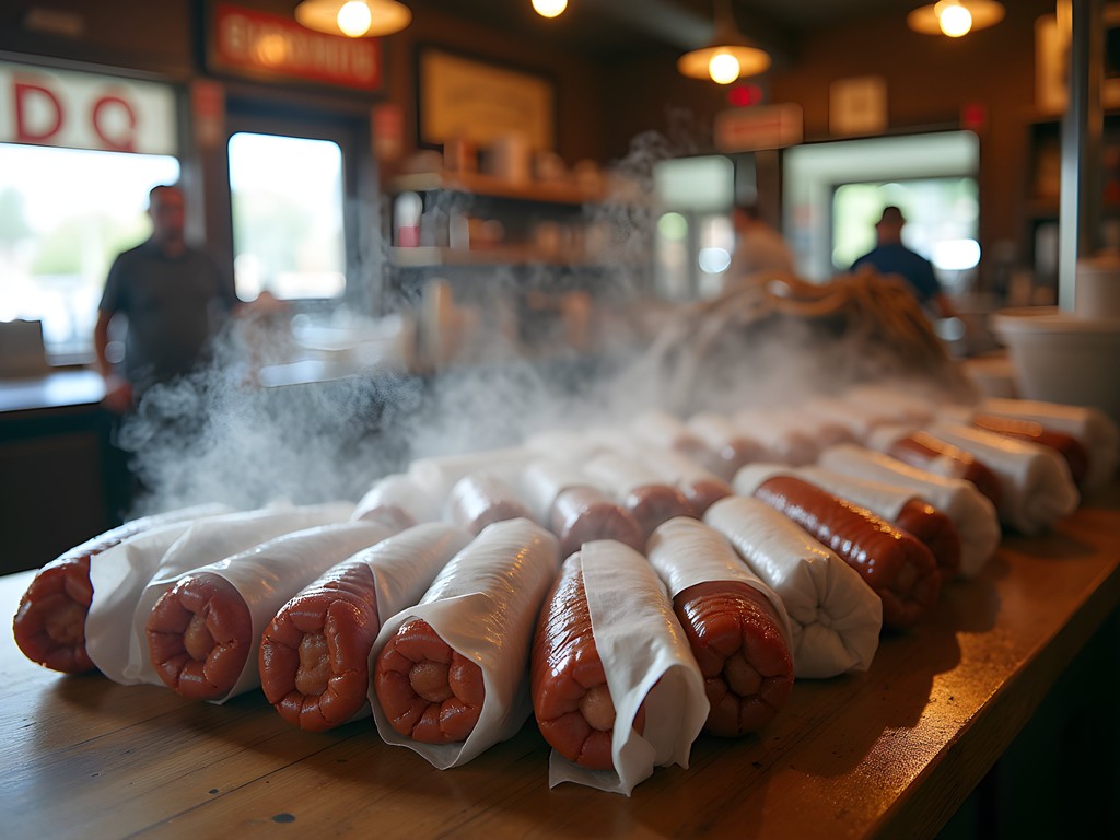 Fresh boudin sausages on butcher paper at Lafayette Louisiana meat market